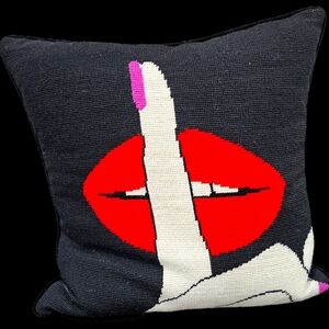 Jonathan Adler lips hush needlepoint lips pillow 18” x 18”